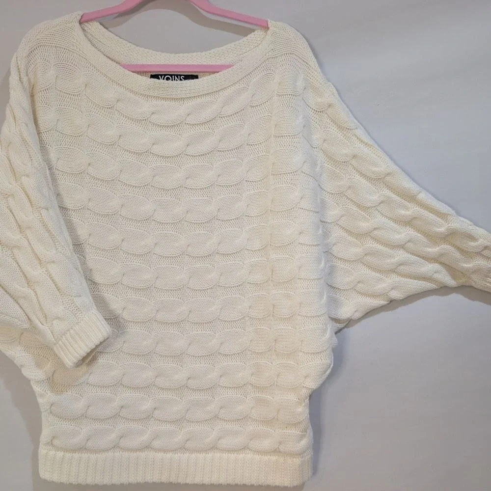YOINS‎ Cream Cable Knit Sweater Dolman Sleeve L Quiet Luxury Coastal Grandma